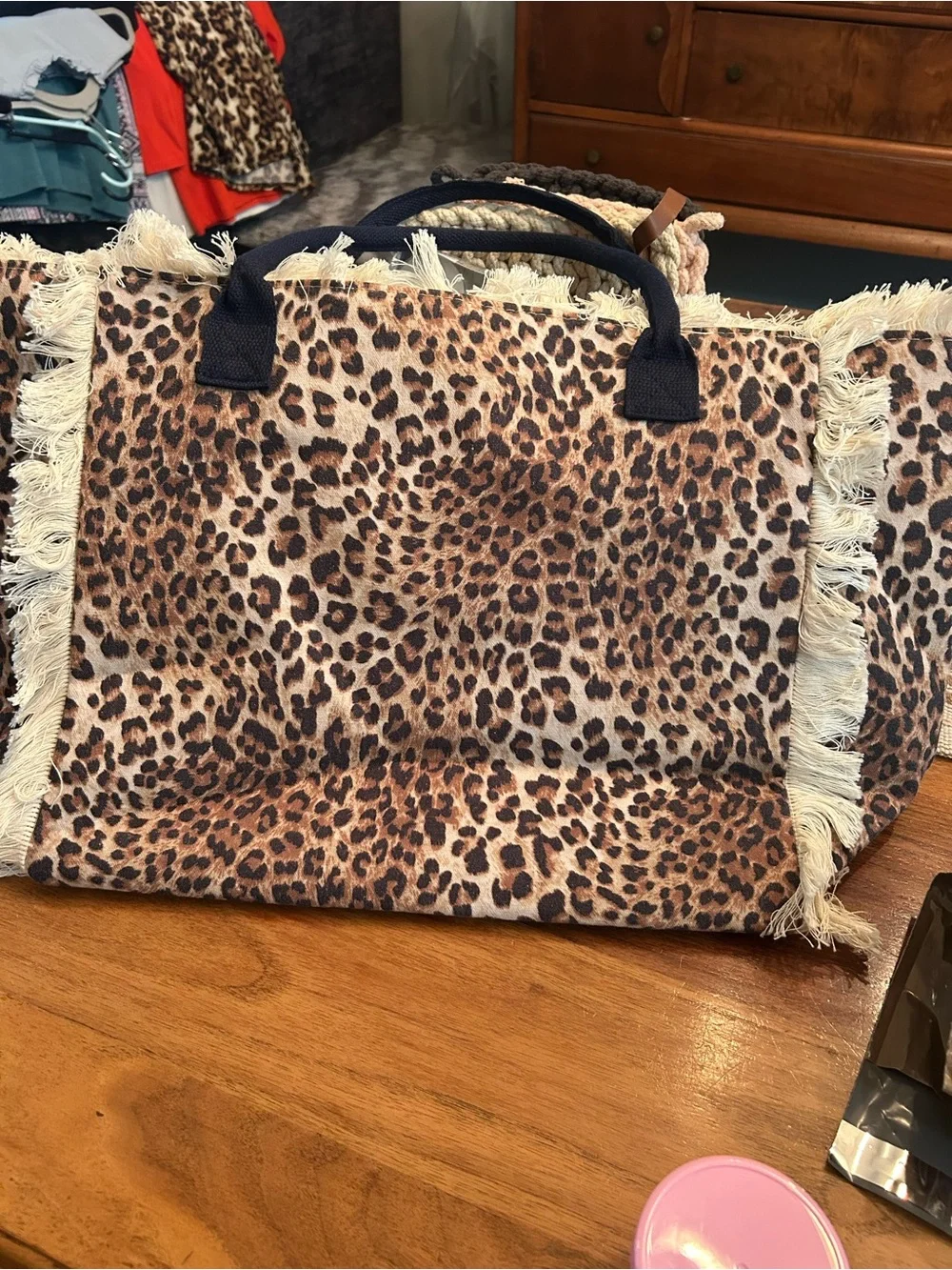 Lucky7 Brand Leopard Print Fringe Tote Bag in Brown